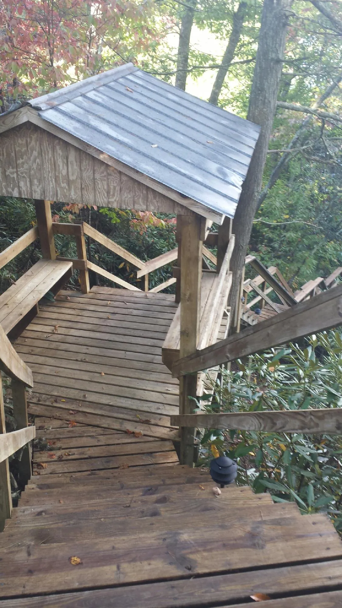 Metal roofed shelter over wooden steps on a wooded walkway — Skylight Repair & Installation work by our crew in Tracys Landing